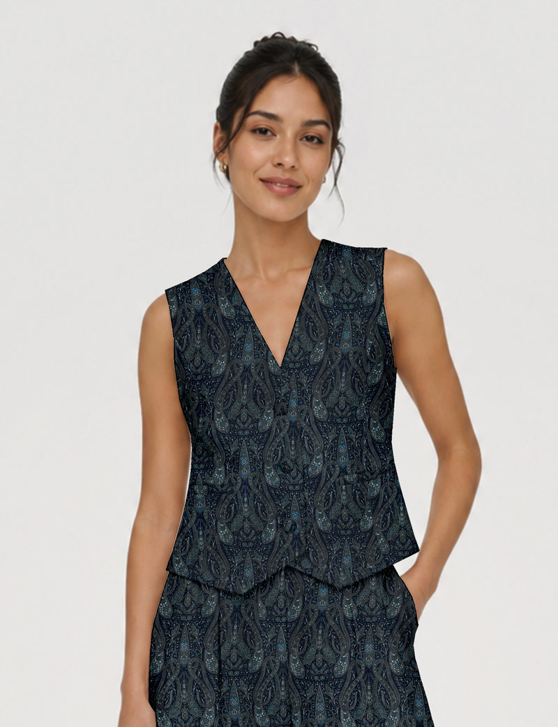 Women's fitted waistcoat with V-neck, single-breasted button closure, tailored silhouette, and pointed hem in sustainable fashion.