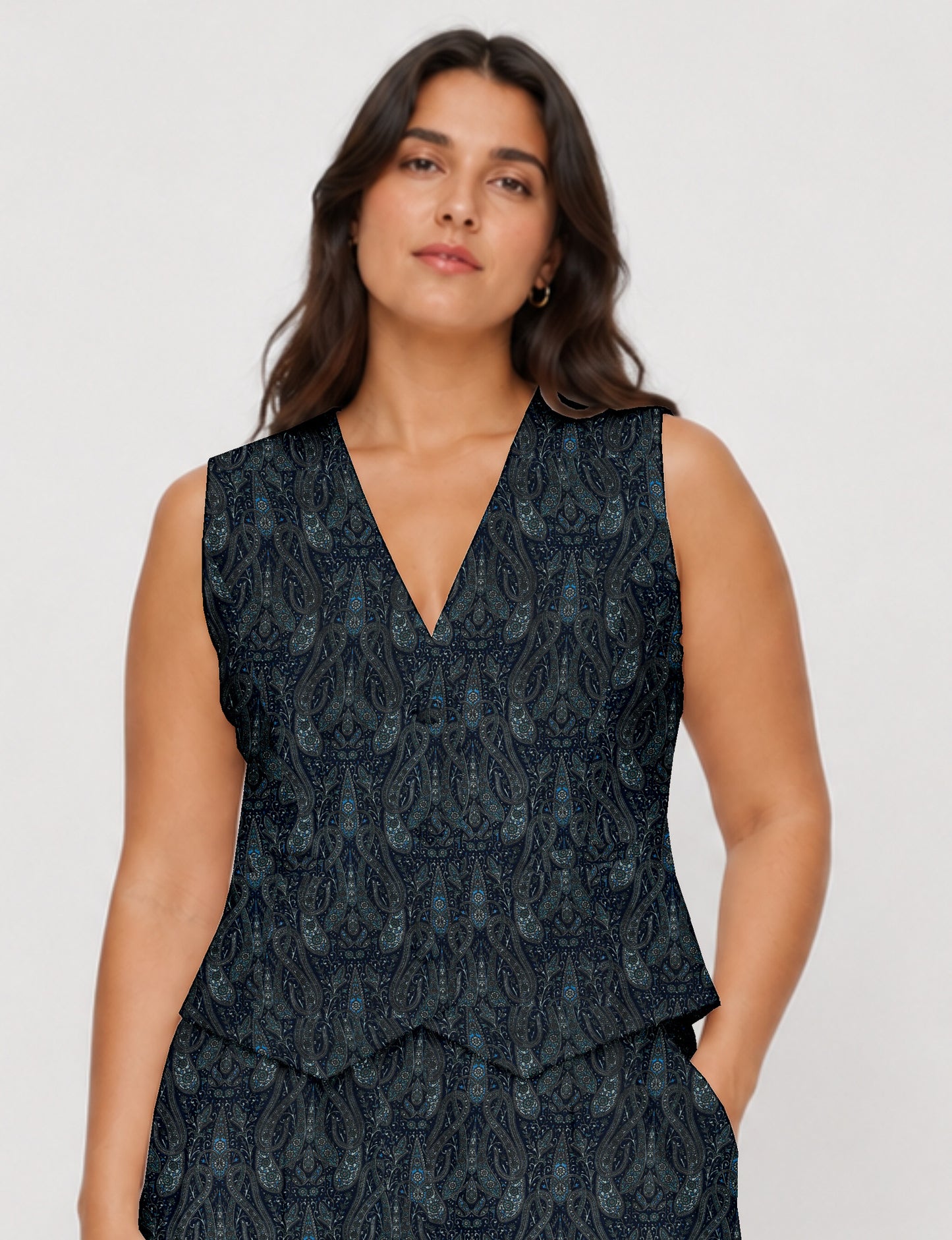 Women's fitted waistcoat with V-neck, single-breasted button closure, tailored silhouette, and pointed hem in sustainable fashion.