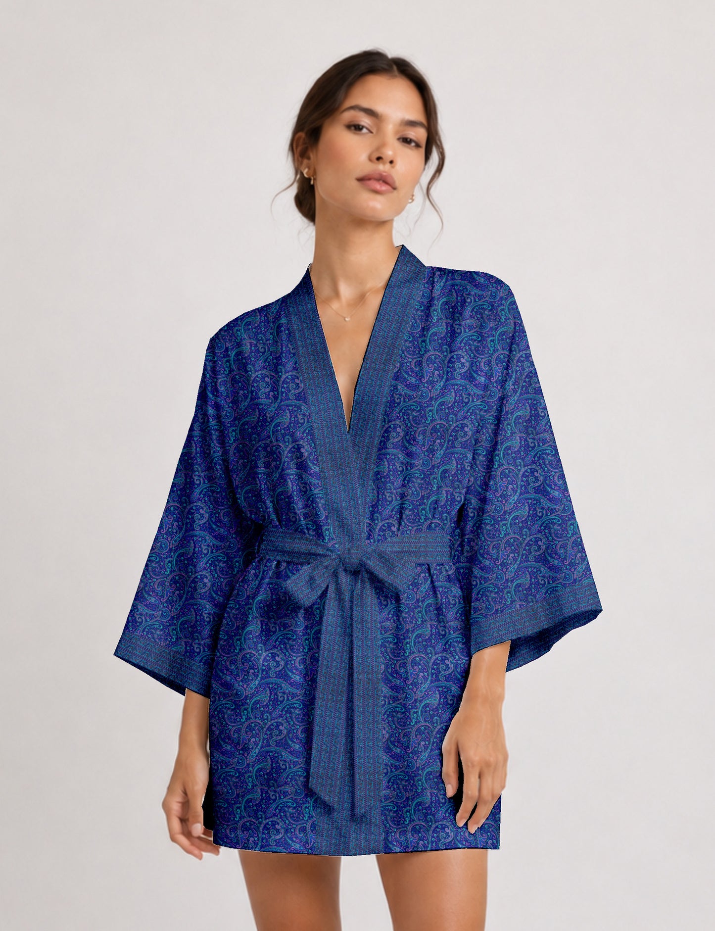 Short kimono robe - Blue Paisley
