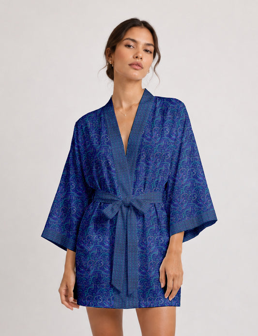 Short kimono robe - Blue Paisley