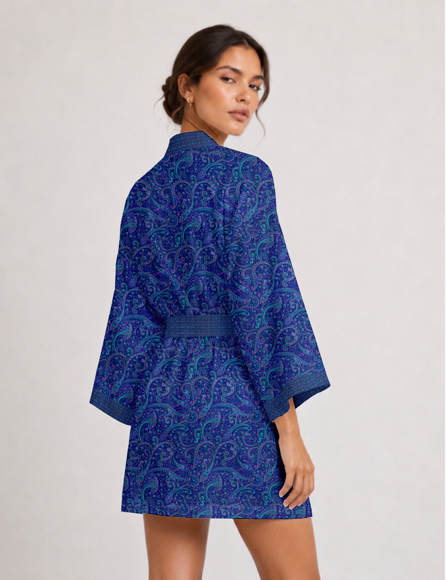 Short kimono robe - Blue Paisley