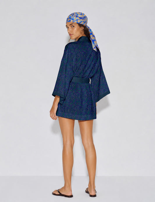 Short kimono robe - Blue Paisley