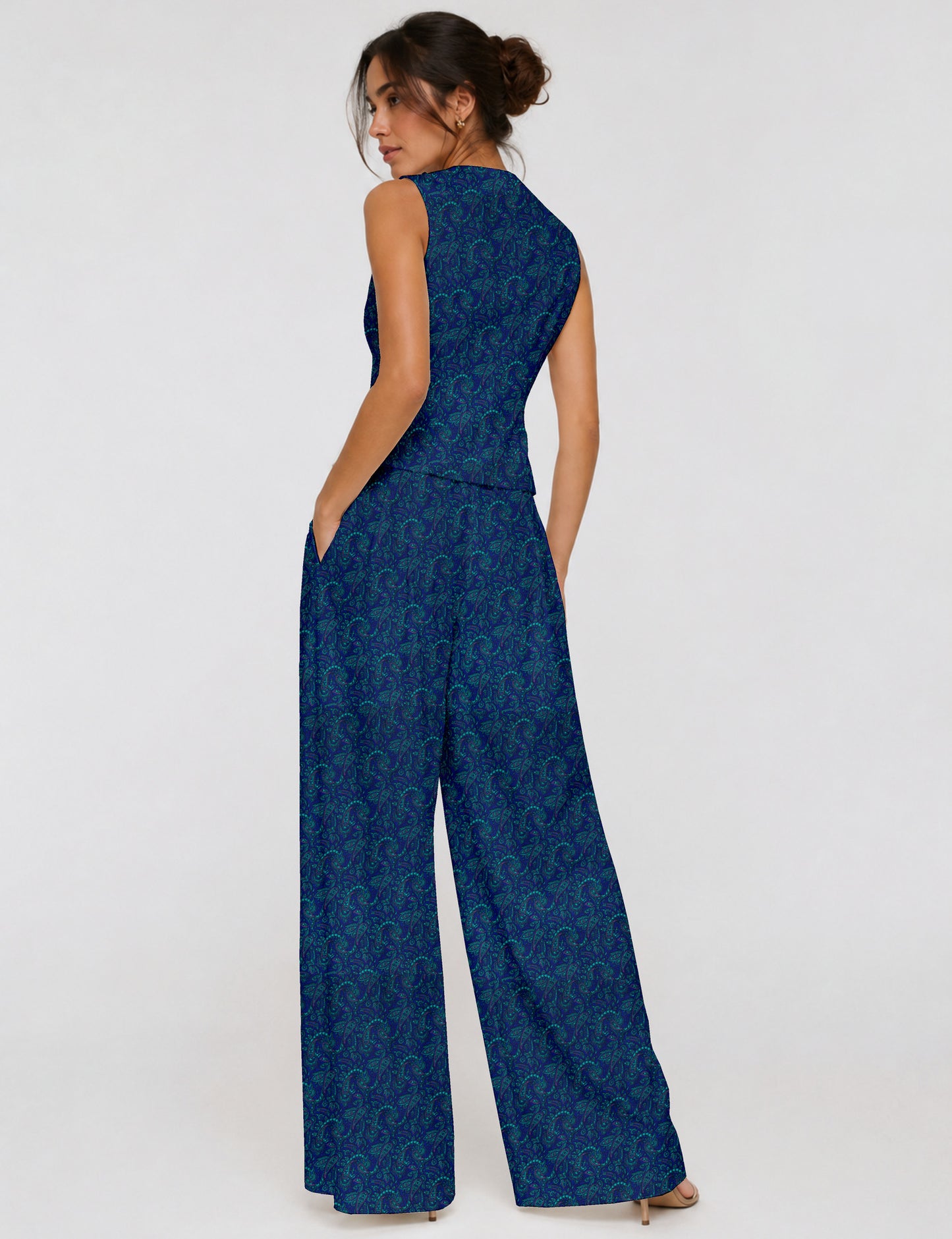 Women's tailored waistcoat set with a sleeveless V-neck button-front waistcoat and high-rise wide leg trousers in a coordinated matching outfit.