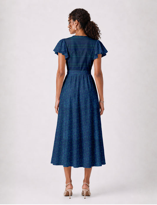 Elegant midi wrap dress with a V-neckline, adjustable waist tie, fitted bodice, and flared skirt for a timeless, flattering silhouette.