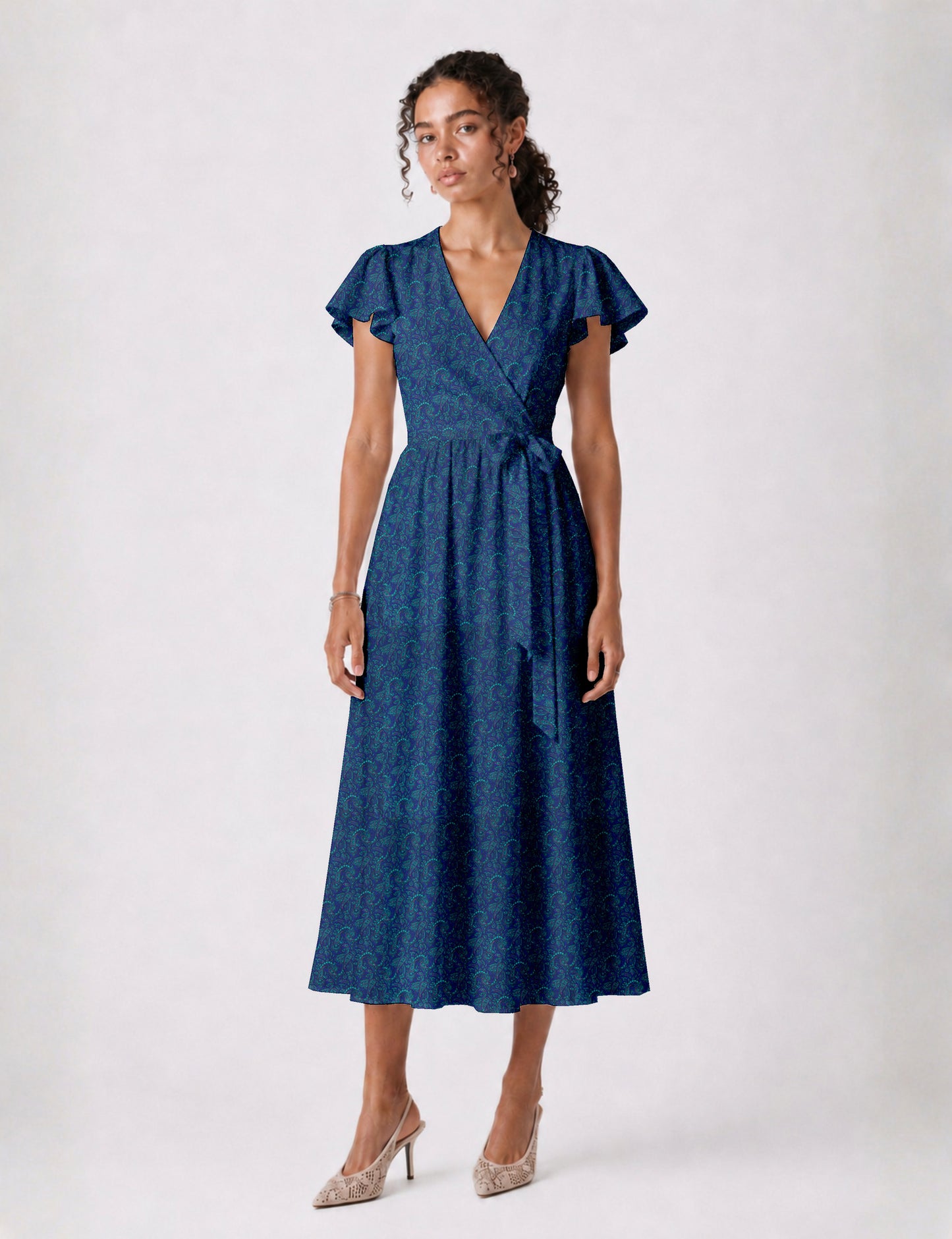 Elegant midi wrap dress with a V-neckline, adjustable waist tie, fitted bodice, and flared skirt for a timeless, flattering silhouette.