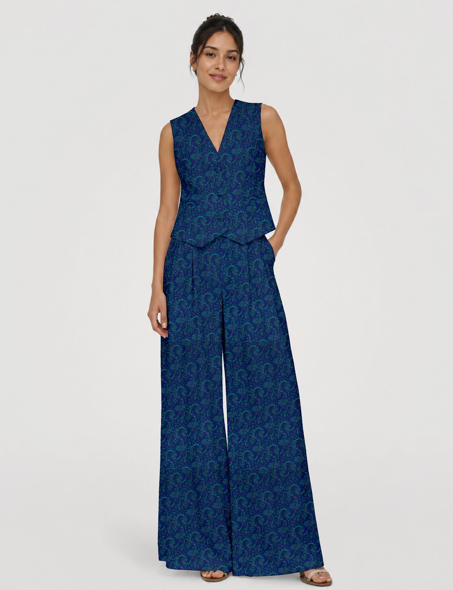 Women's tailored waistcoat set with a sleeveless V-neck button-front waistcoat and high-rise wide leg trousers in a coordinated matching outfit.