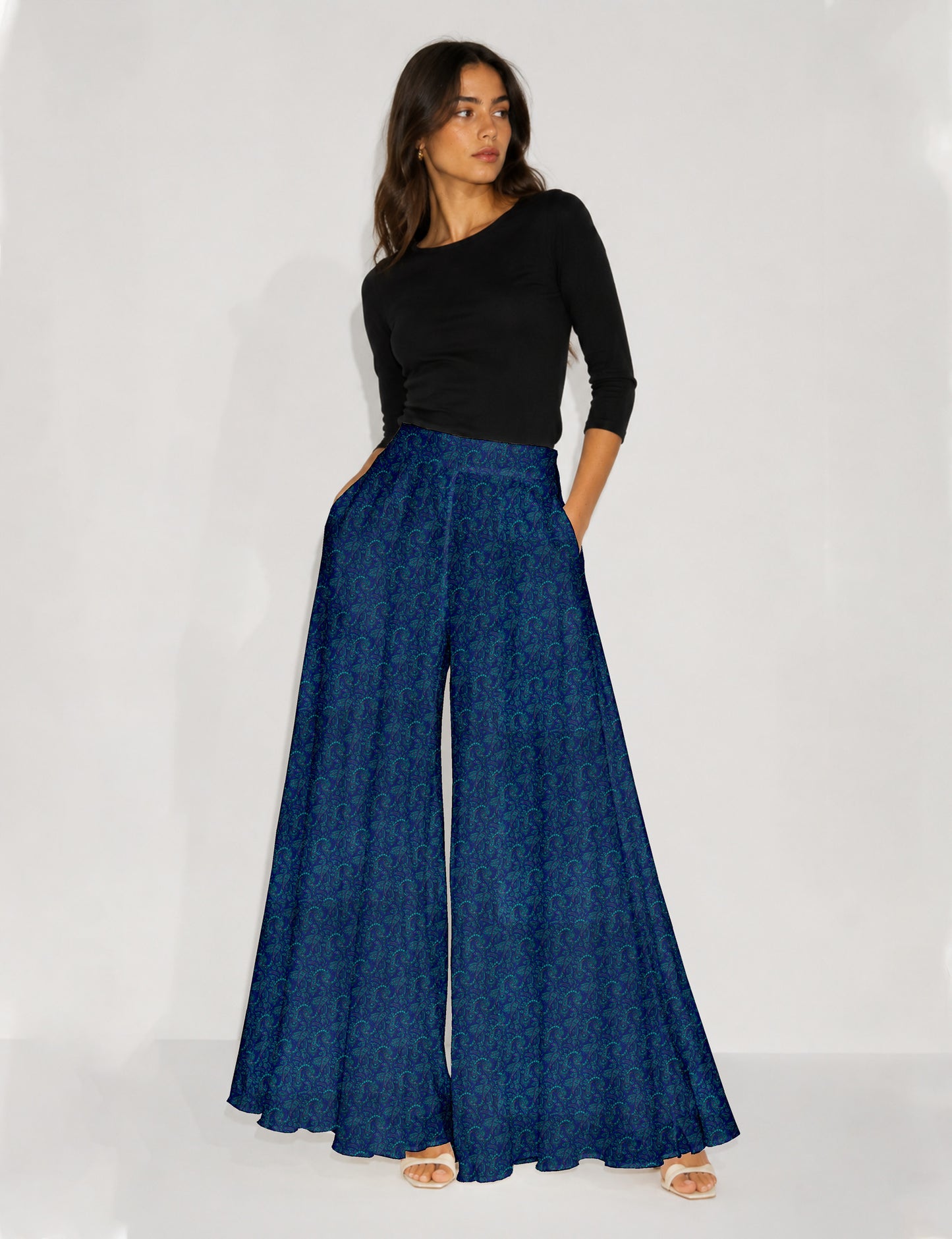 Wide Leg Palazzo Trousers - Blue Paisley