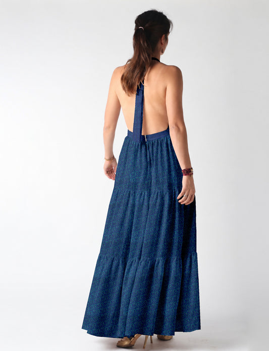 Maxi tiered dress by I was a Sari with halter neckline and flowy silhouette