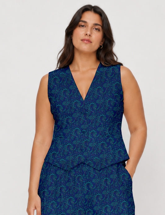 Women's fitted waistcoat with V-neck, single-breasted button closure, tailored silhouette, and pointed hem in sustainable fashion.