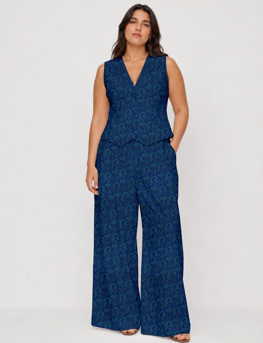 Women's tailored waistcoat set with a sleeveless V-neck button-front waistcoat and high-rise wide leg trousers in a coordinated matching outfit.