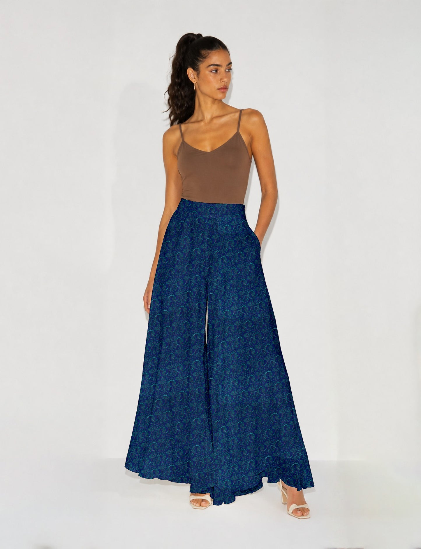 Wide Leg Palazzo Trousers - Blue Paisley