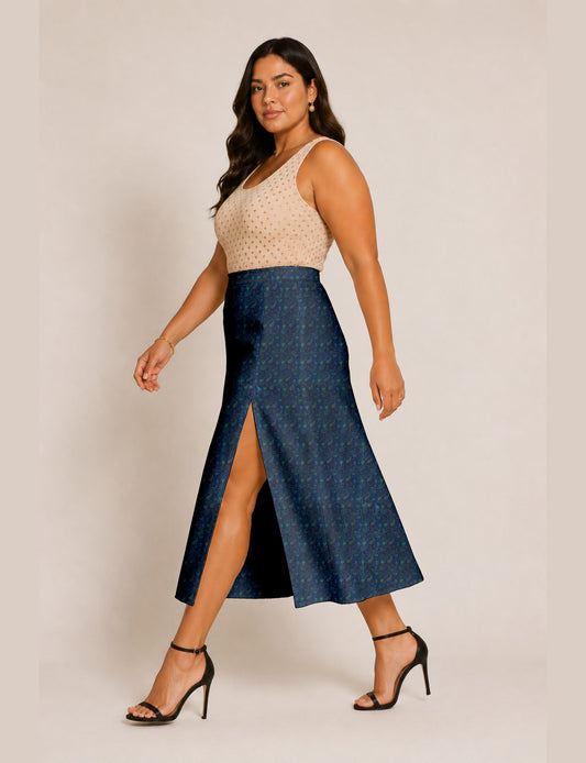 A line skirt with slit - Blue Paisley