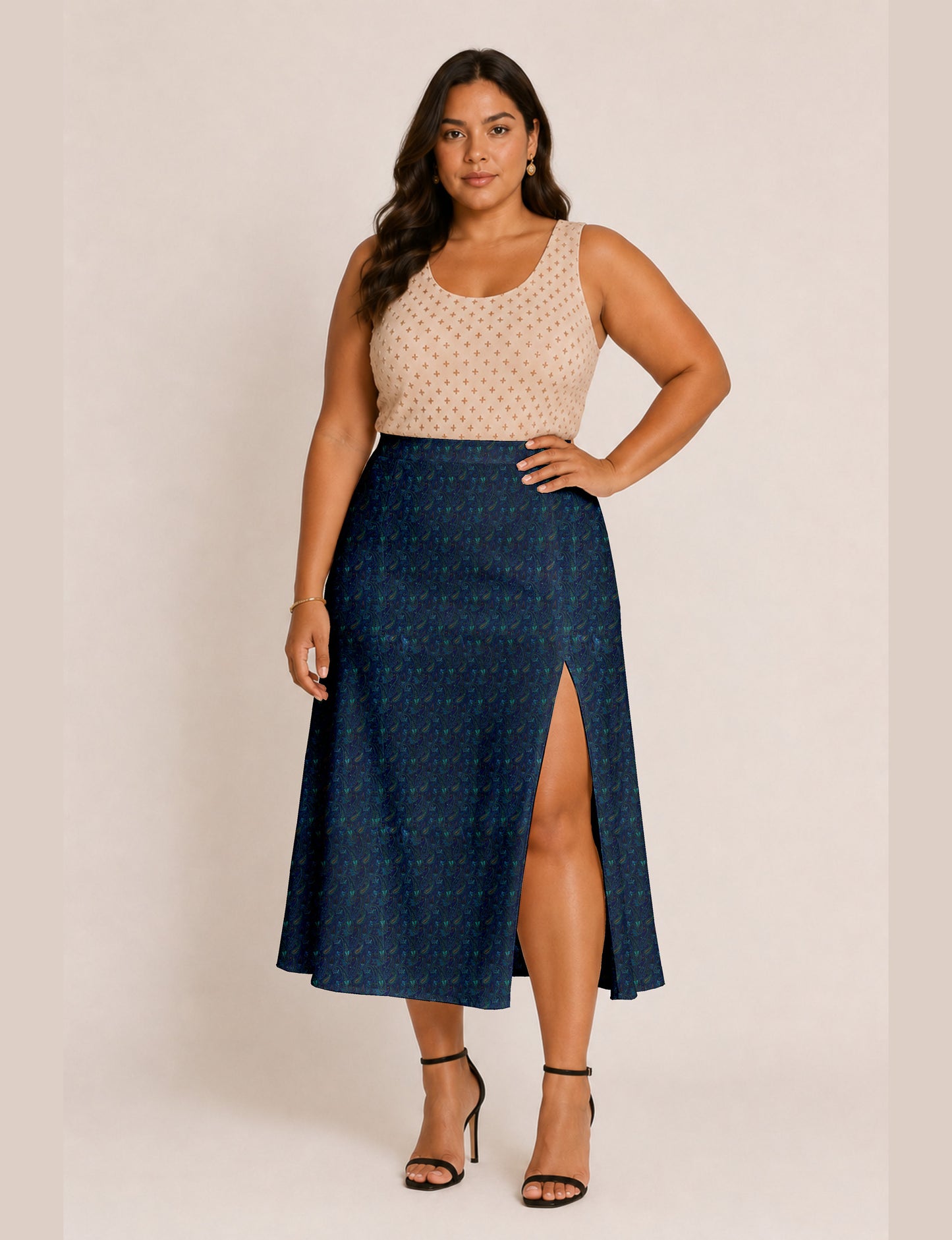 A line skirt with slit - Blue Paisley