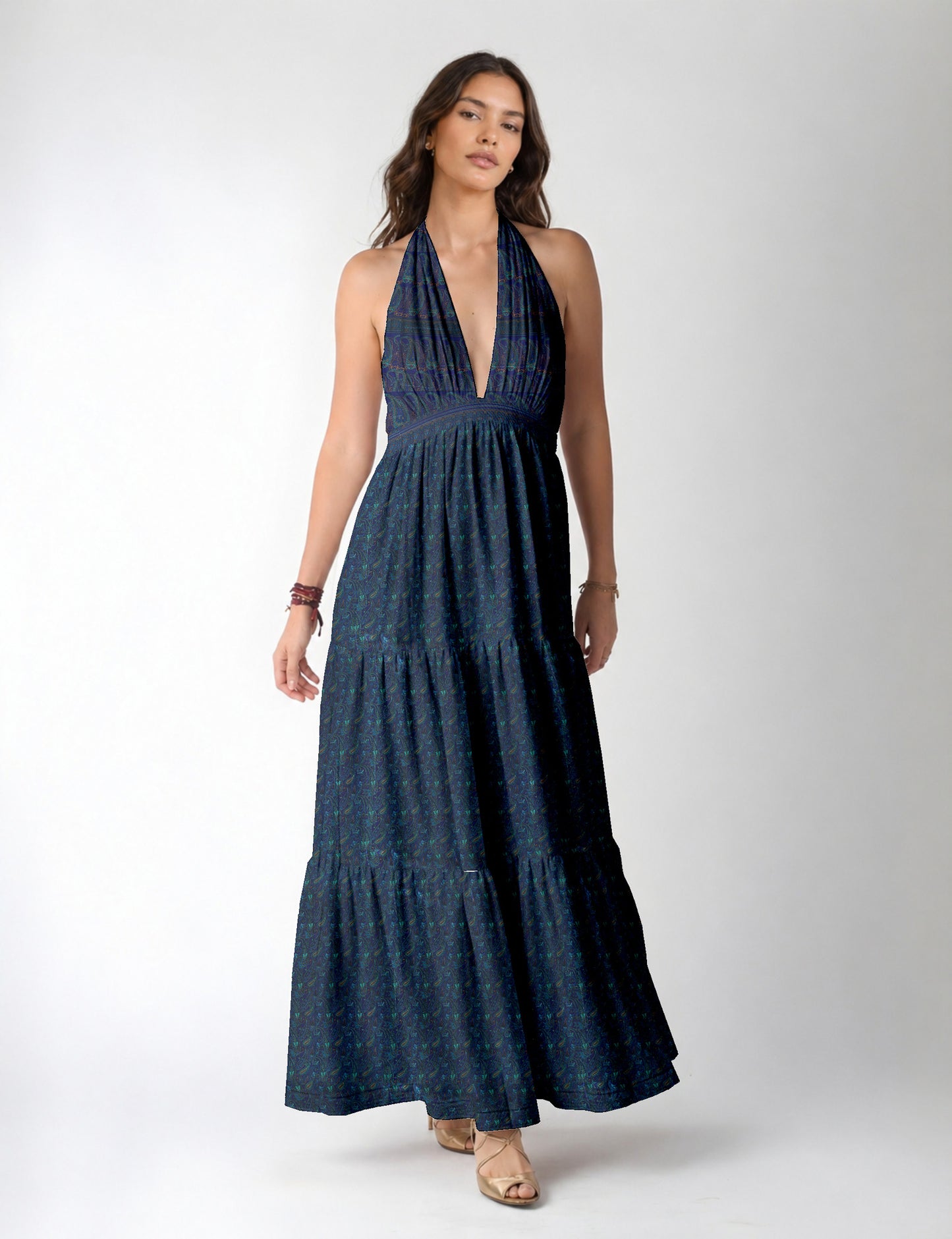 Maxi tiered dress by I was a Sari with halter neckline and flowy silhouette