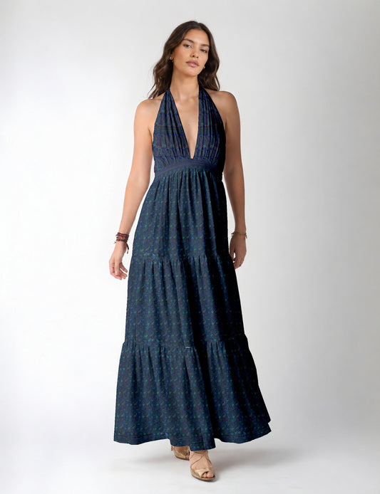 Maxi tiered dress by I was a Sari with halter neckline and flowy silhouette