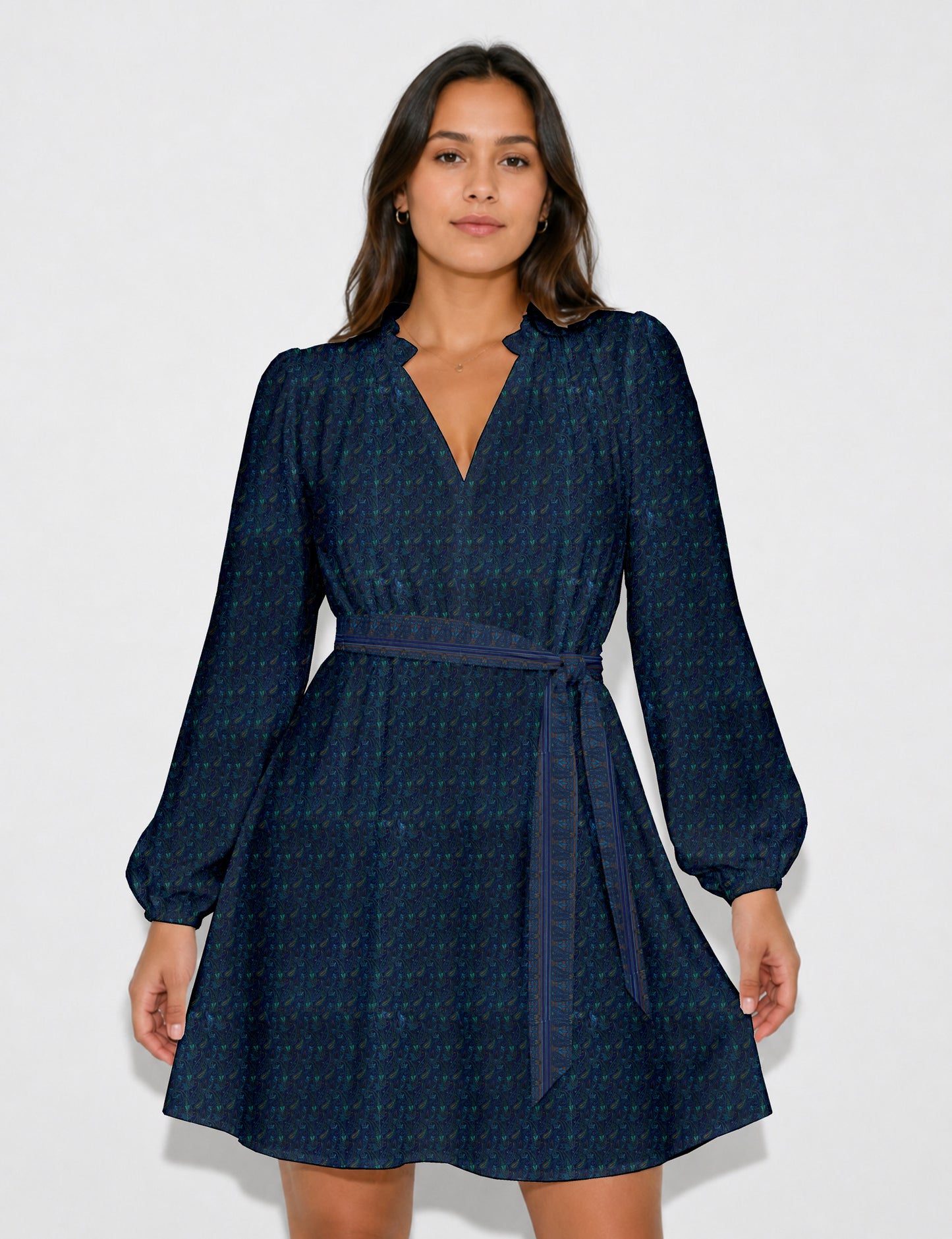 Swing dress with belt - Blue Paisley