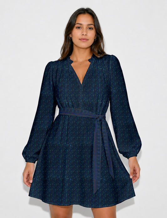 Swing dress with belt - Blue Paisley