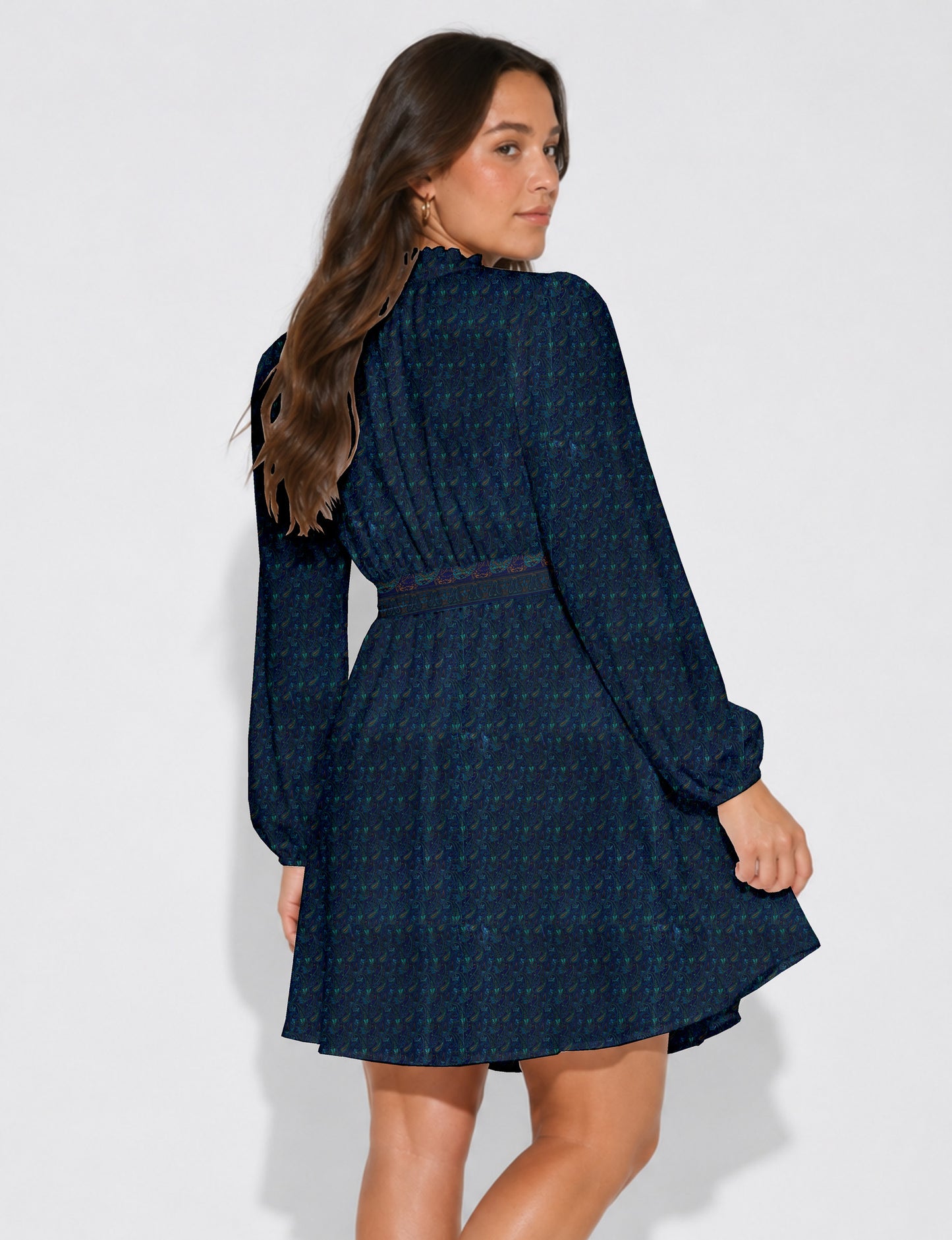 Swing dress with belt - Blue Paisley