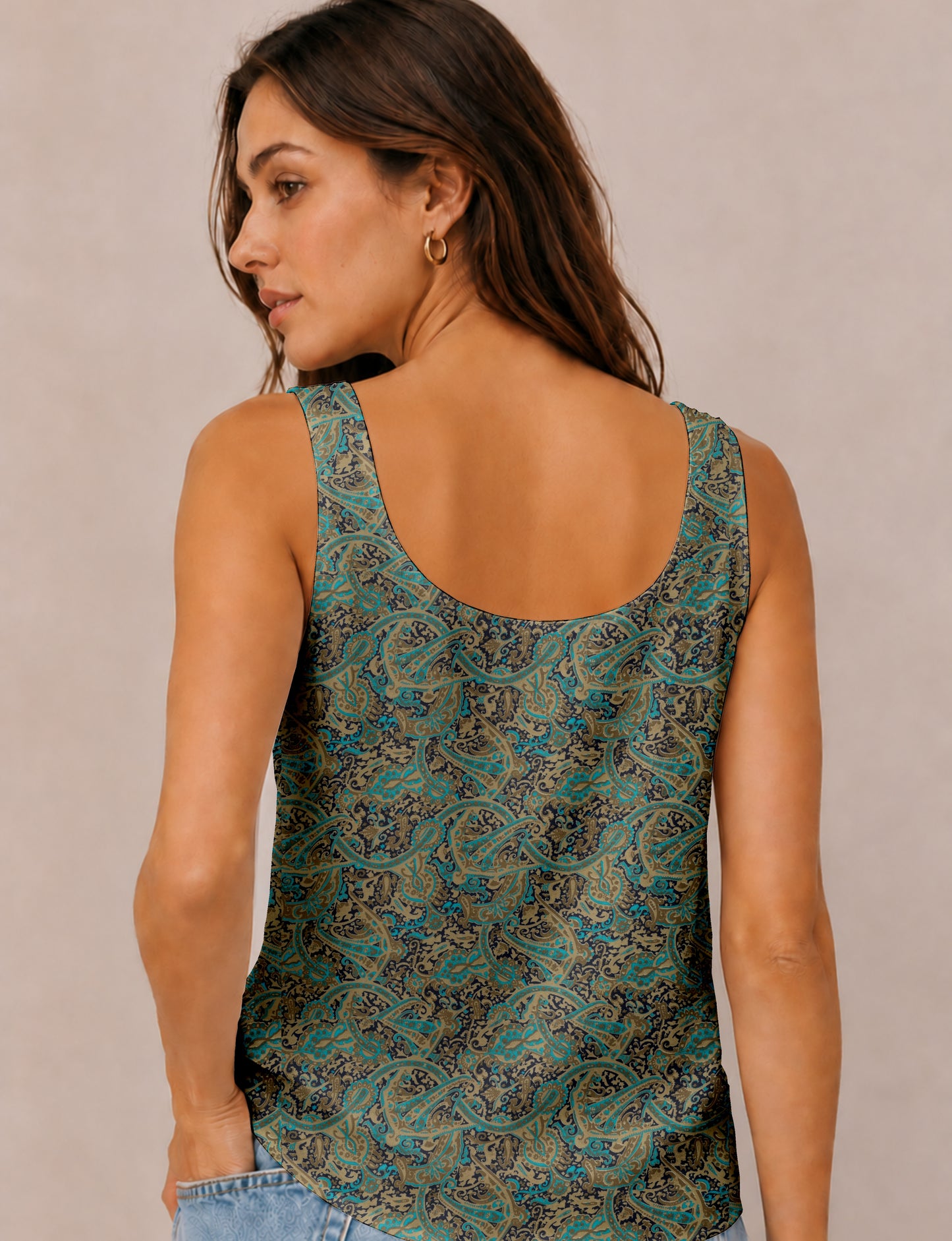 Women's sleeveless blouse with a relaxed straight fit, wide scoop neckline, deep scoop back, and hip-length silhouette.
