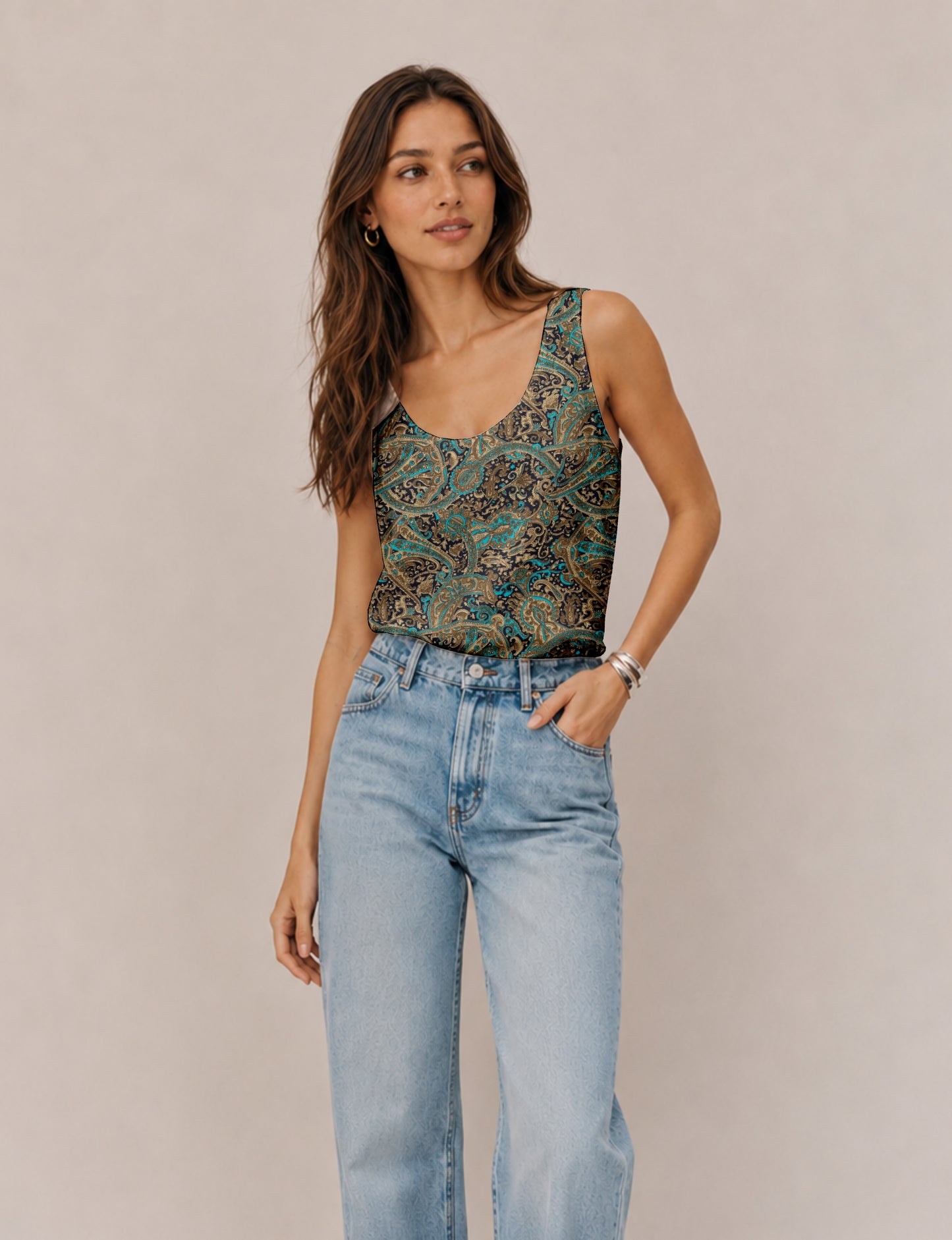 Women's sleeveless blouse with a relaxed straight fit, wide scoop neckline, deep scoop back, and hip-length silhouette.