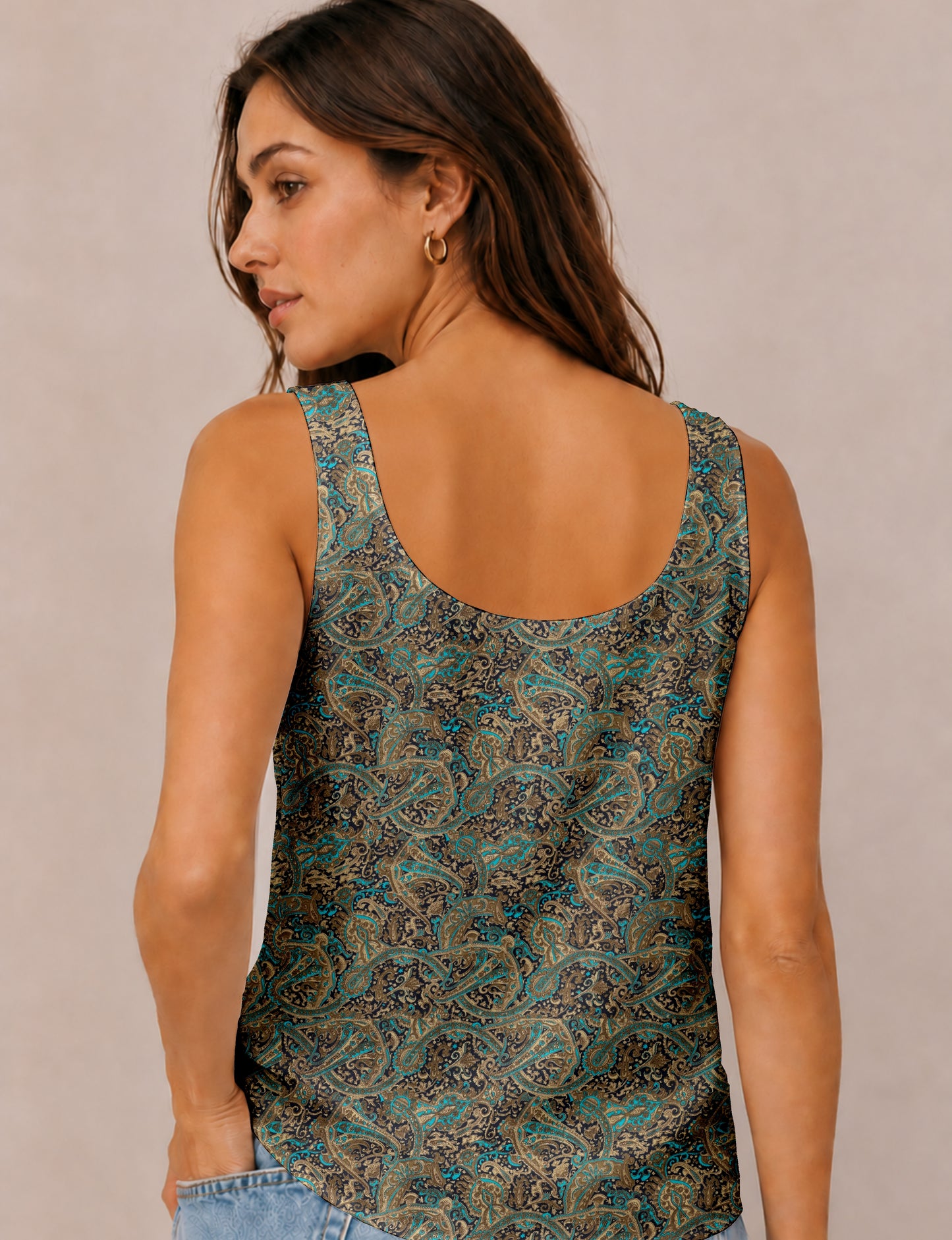 Women's sleeveless blouse with a relaxed straight fit, wide scoop neckline, deep scoop back, and hip-length silhouette.