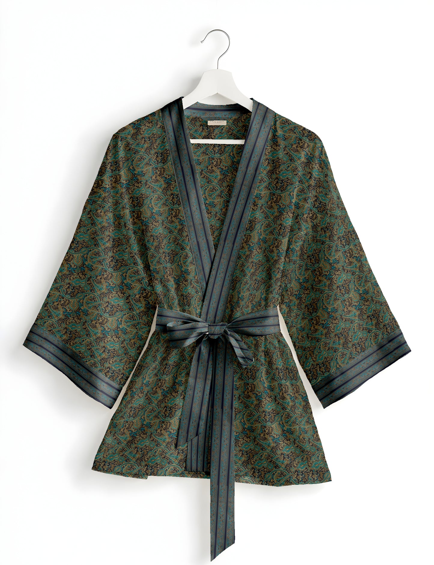 Short kimono robe with wrap front, V-neckline, wide sleeves, waist tie, and concealed skort detail.