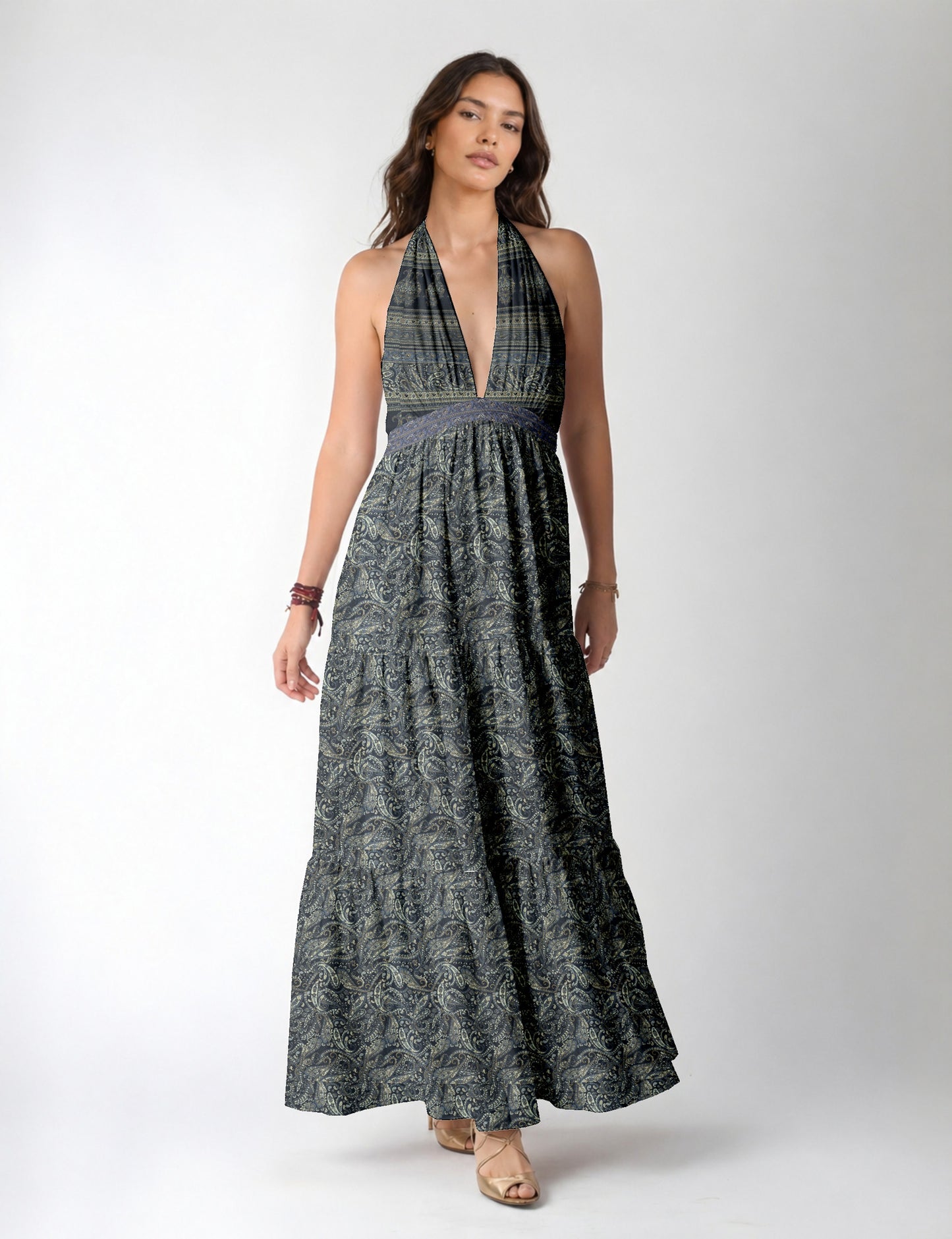 Maxi tiered dress by I was a Sari with halter neckline and flowy silhouette