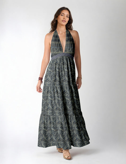 Maxi tiered dress by I was a Sari with halter neckline and flowy silhouette