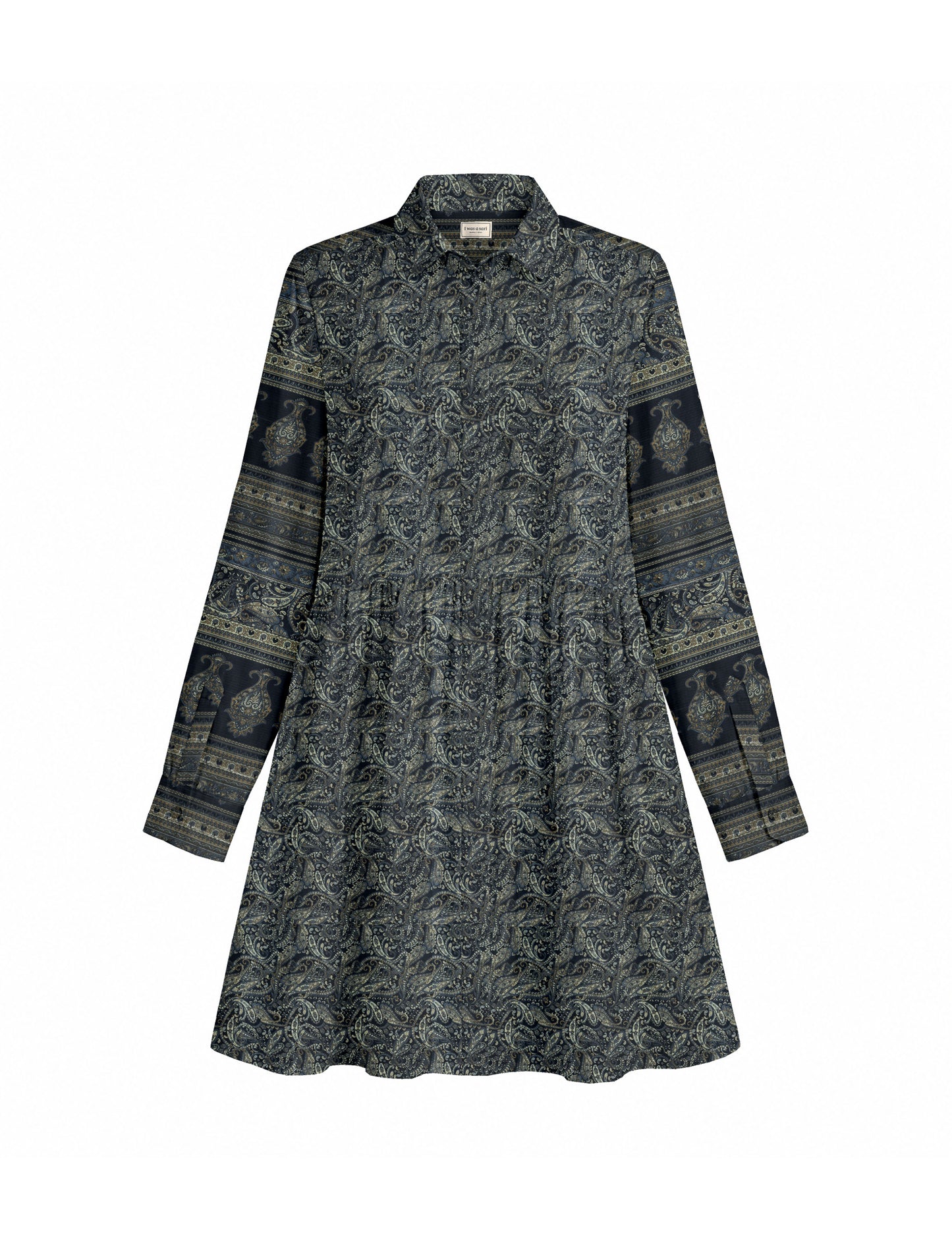 Short shirt dress with a relaxed A-line silhouette, point collar, partial button placket, gathered waist, side pockets, and full-length cuffed sleeves.