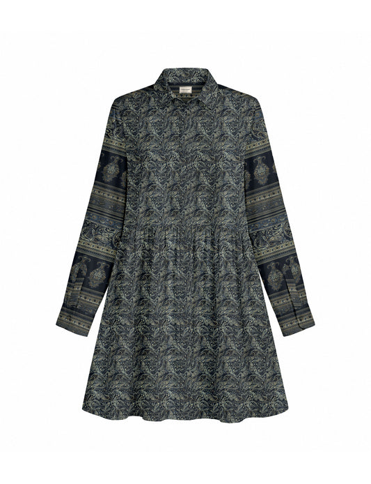 Short shirt dress with a relaxed A-line silhouette, point collar, partial button placket, gathered waist, side pockets, and full-length cuffed sleeves.