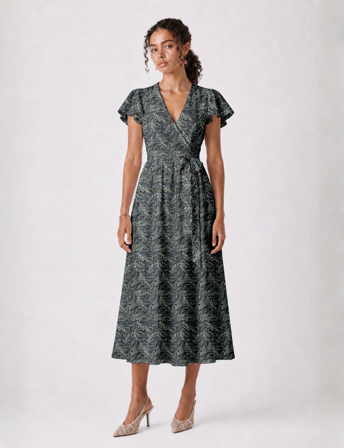 Elegant midi wrap dress with a V-neckline, adjustable waist tie, fitted bodice, and flared skirt for a timeless, flattering silhouette.