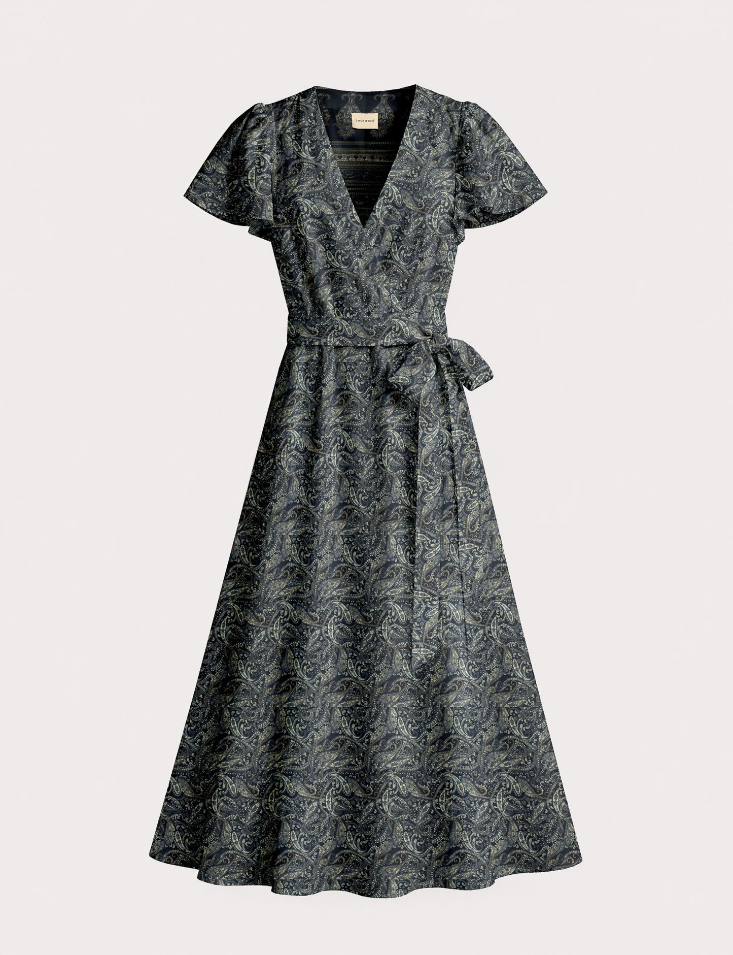 Elegant midi wrap dress with a V-neckline, adjustable waist tie, fitted bodice, and flared skirt for a timeless, flattering silhouette.