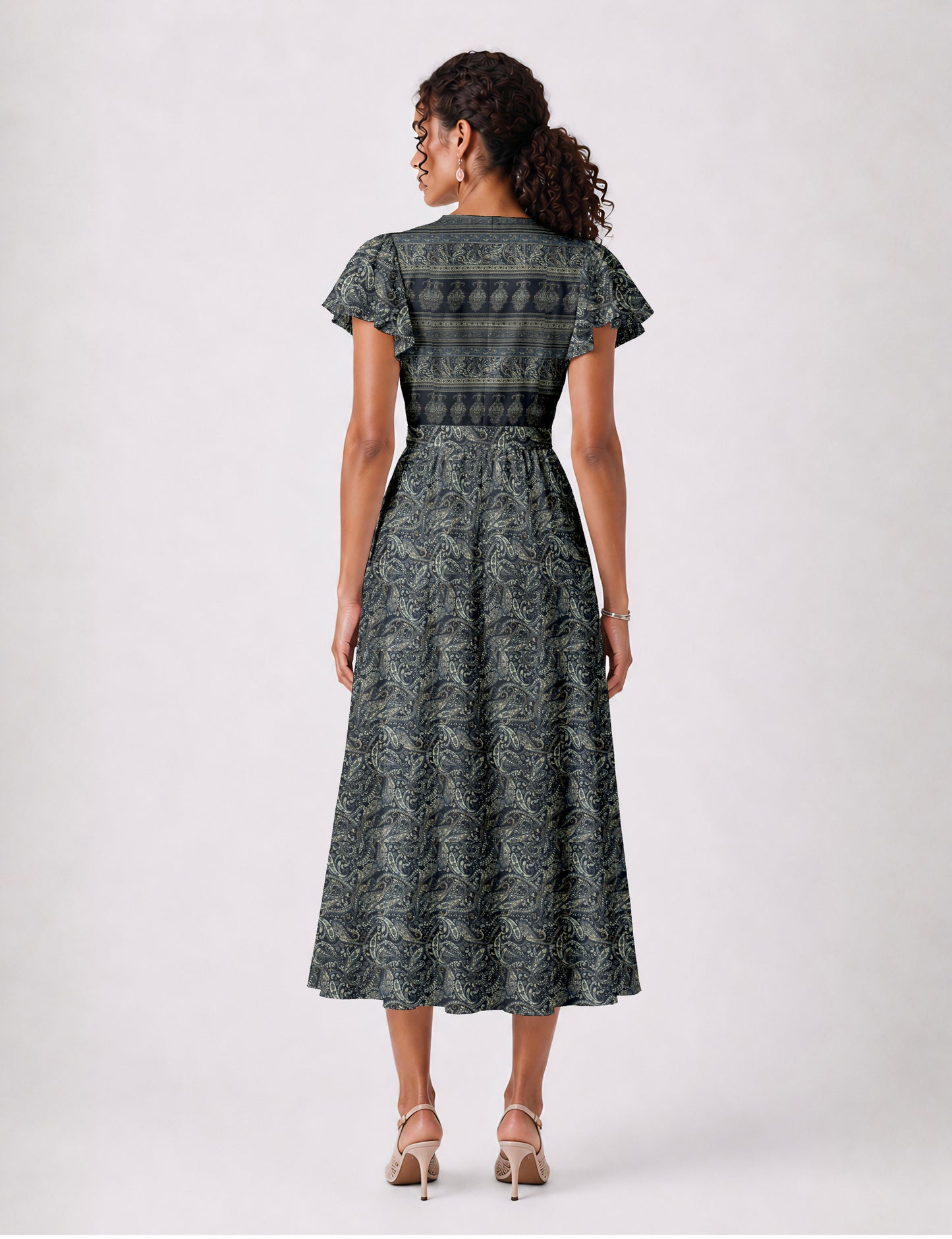 Elegant midi wrap dress with a V-neckline, adjustable waist tie, fitted bodice, and flared skirt for a timeless, flattering silhouette.