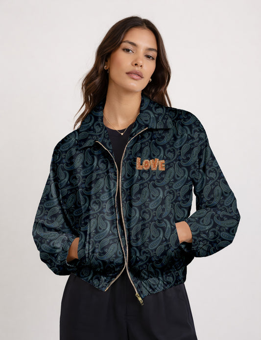 Love Bomber Jacket made from recycled fabric, featuring hand-stitched Aari embroidery. A unique piece of zero-waste clothing, part of the circular fashion movement. Designed with upcycled materials for a stylish yet environmentally friendly clothing choice.