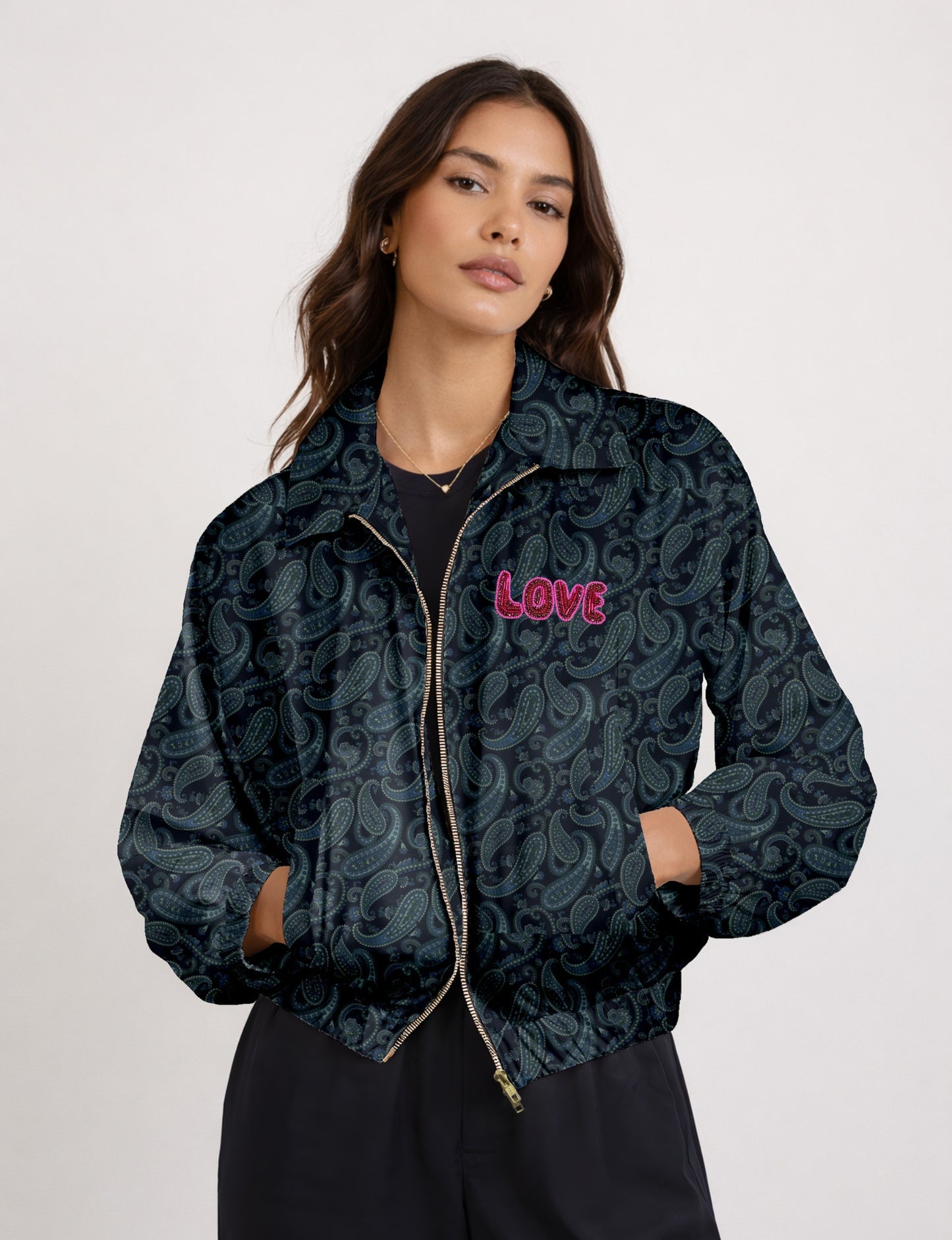 Love Bomber Jacket made from recycled fabric, featuring hand-stitched Aari embroidery. A unique piece of zero-waste clothing, part of the circular fashion movement. Designed with upcycled materials for a stylish yet environmentally friendly clothing choice.