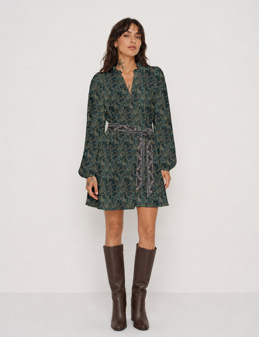 Swing dress with belt - Blue Paisley