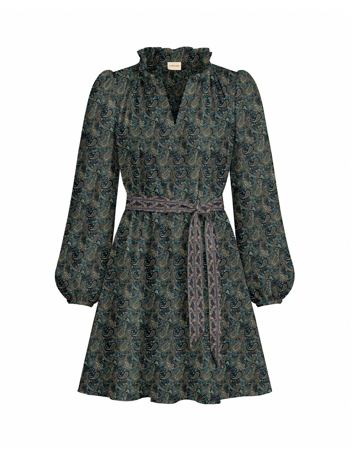 Swing dress with belt - Blue Paisley