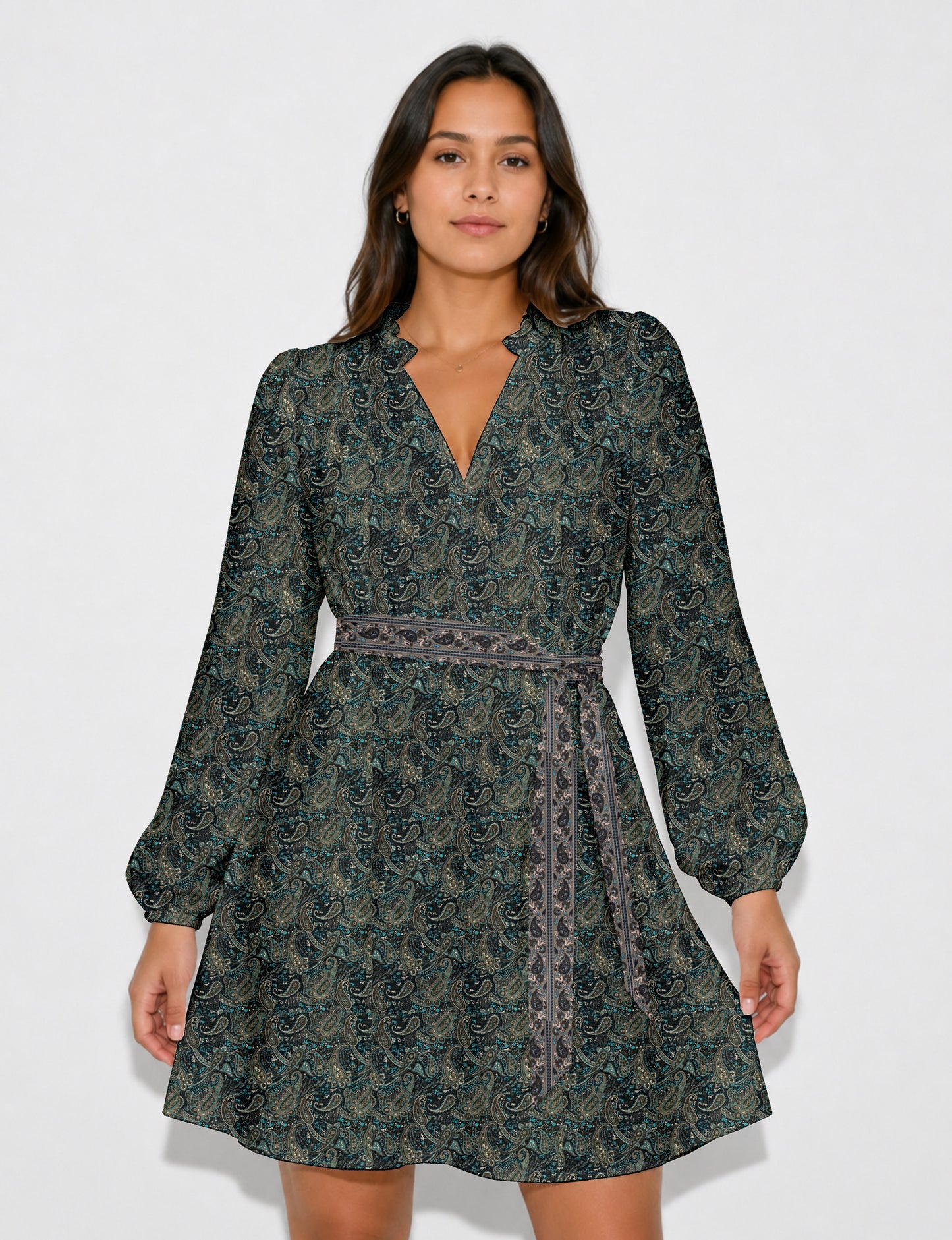 Swing dress with belt - Blue Paisley