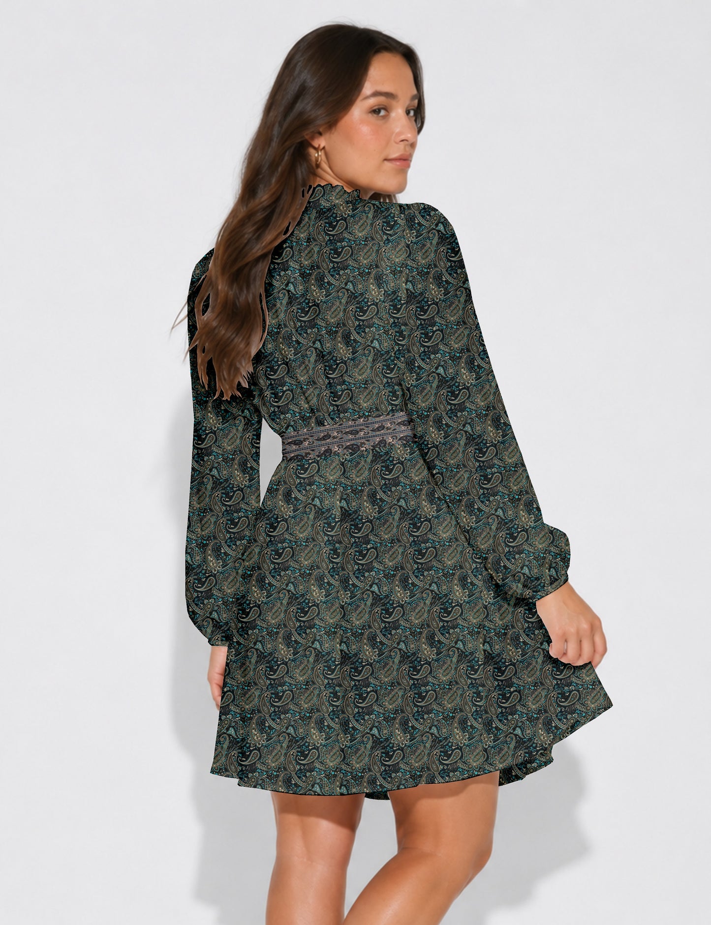 Swing dress with belt - Blue Paisley
