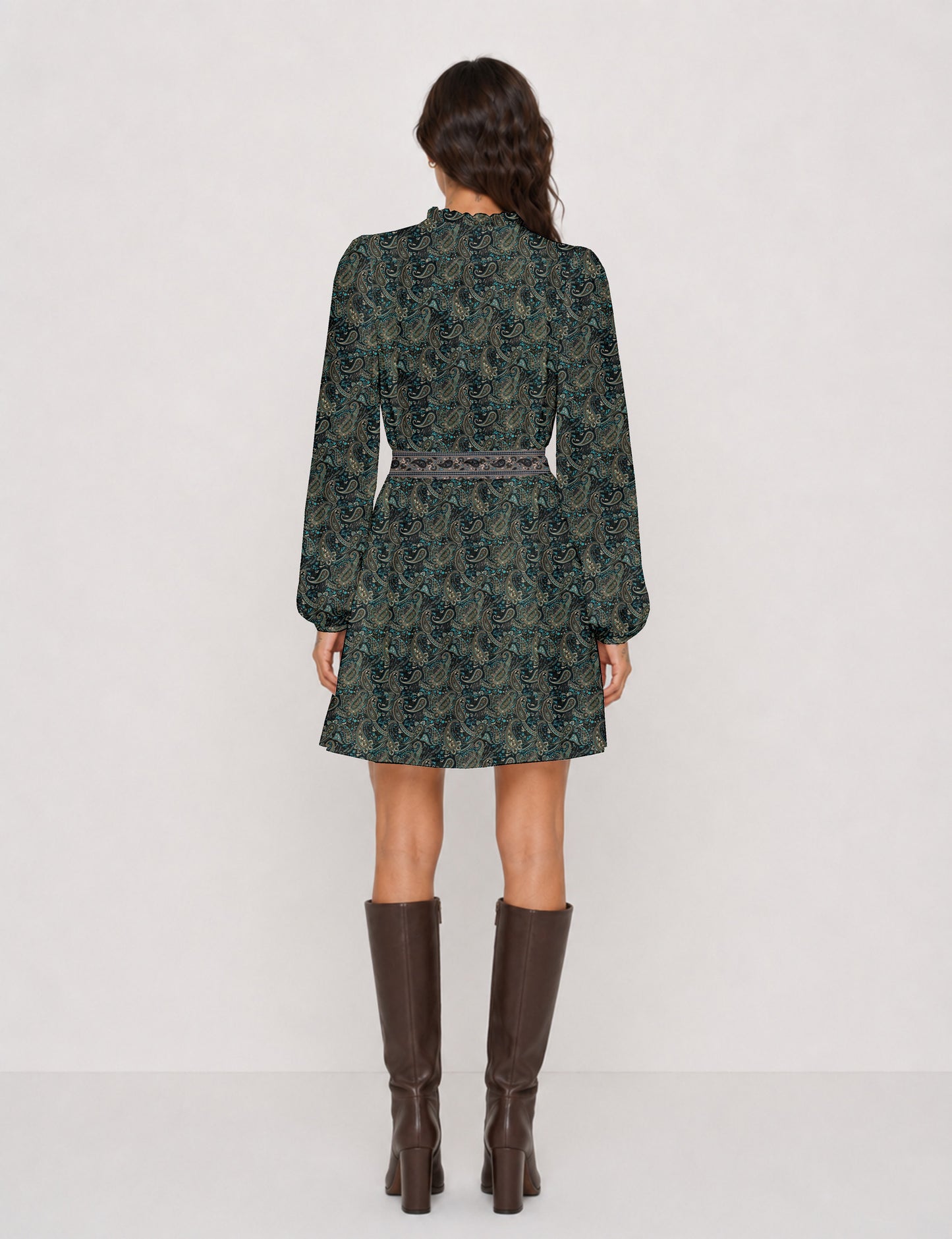 Swing dress with belt - Blue Paisley