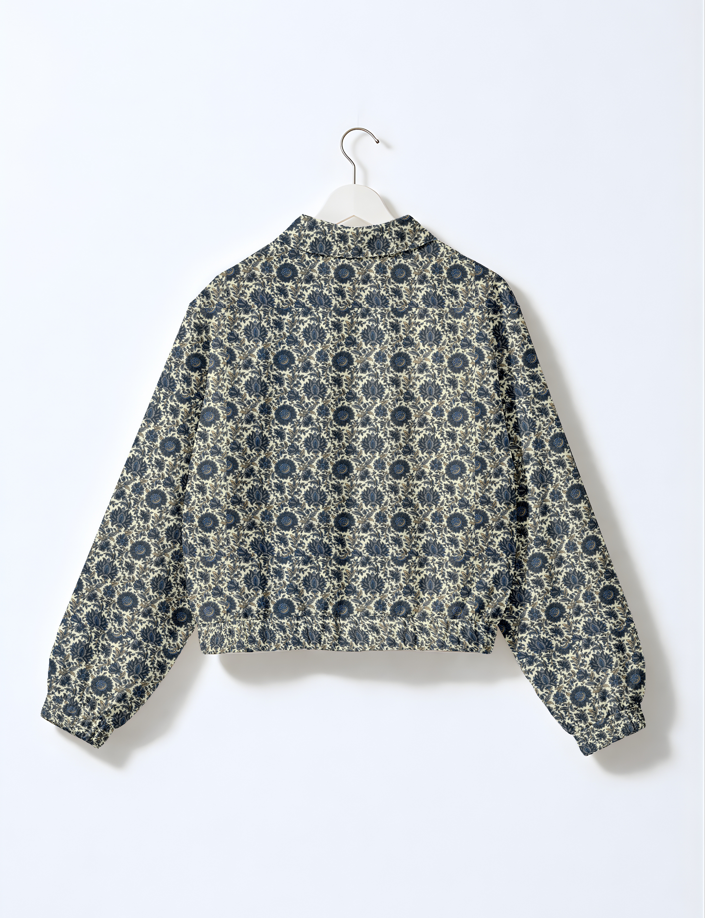Love Bomber Jacket made from recycled fabric, featuring hand-stitched Aari embroidery. A unique piece of zero-waste clothing, part of the circular fashion movement. Designed with upcycled materials for a stylish yet environmentally friendly clothing choice.