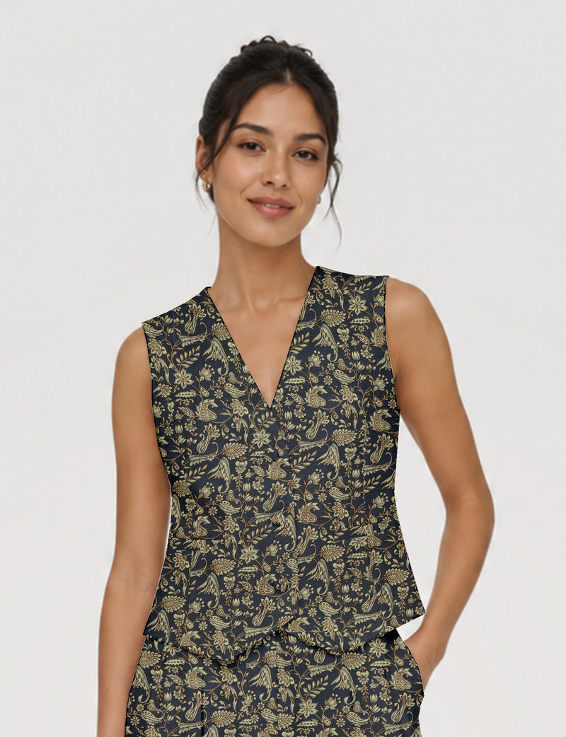 Women's fitted waistcoat with V-neck, single-breasted button closure, tailored silhouette, and pointed hem in sustainable fashion.