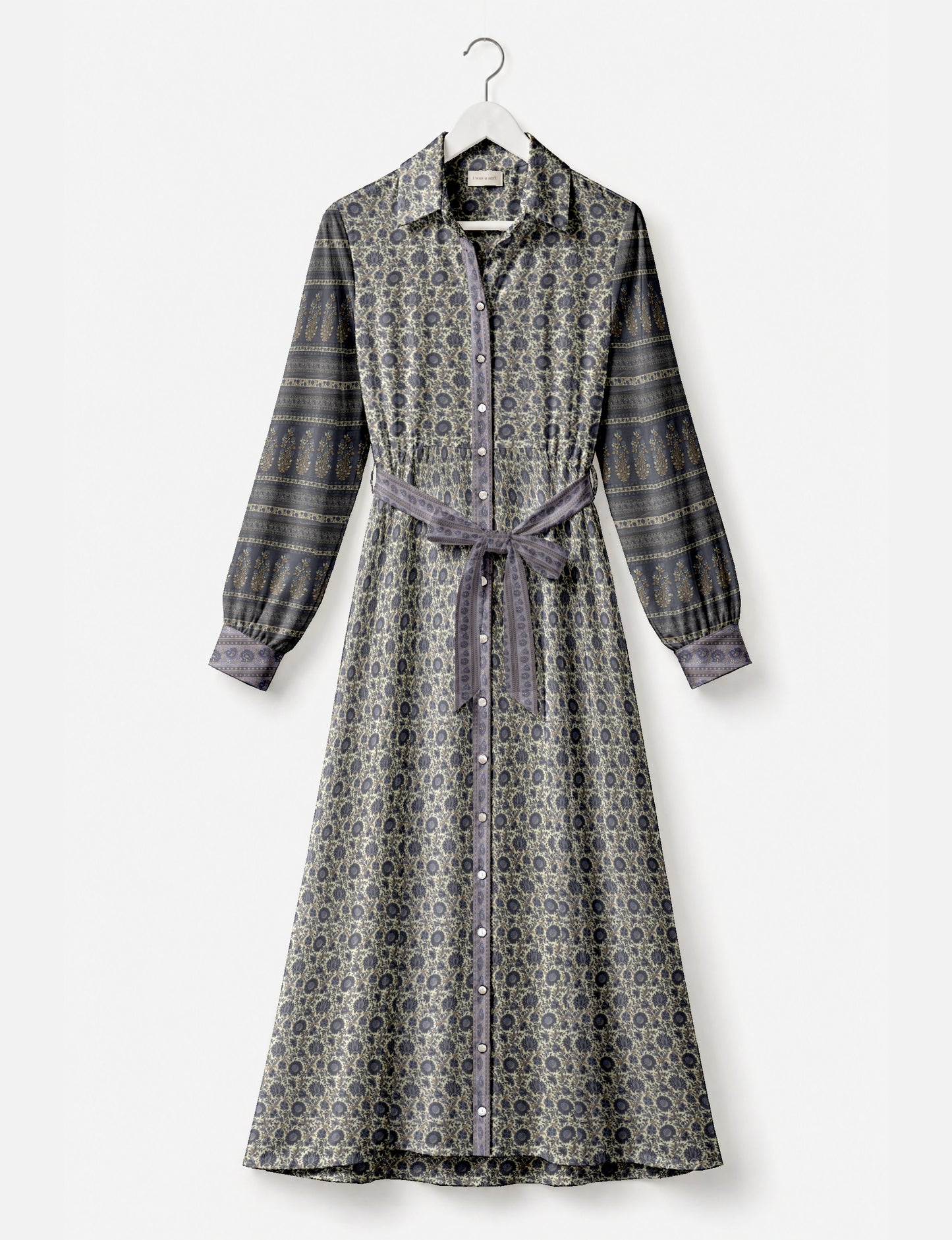 Long shirt dress side view highlighting flared silhouette