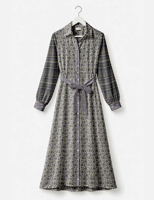 Long shirt dress side view highlighting flared silhouette