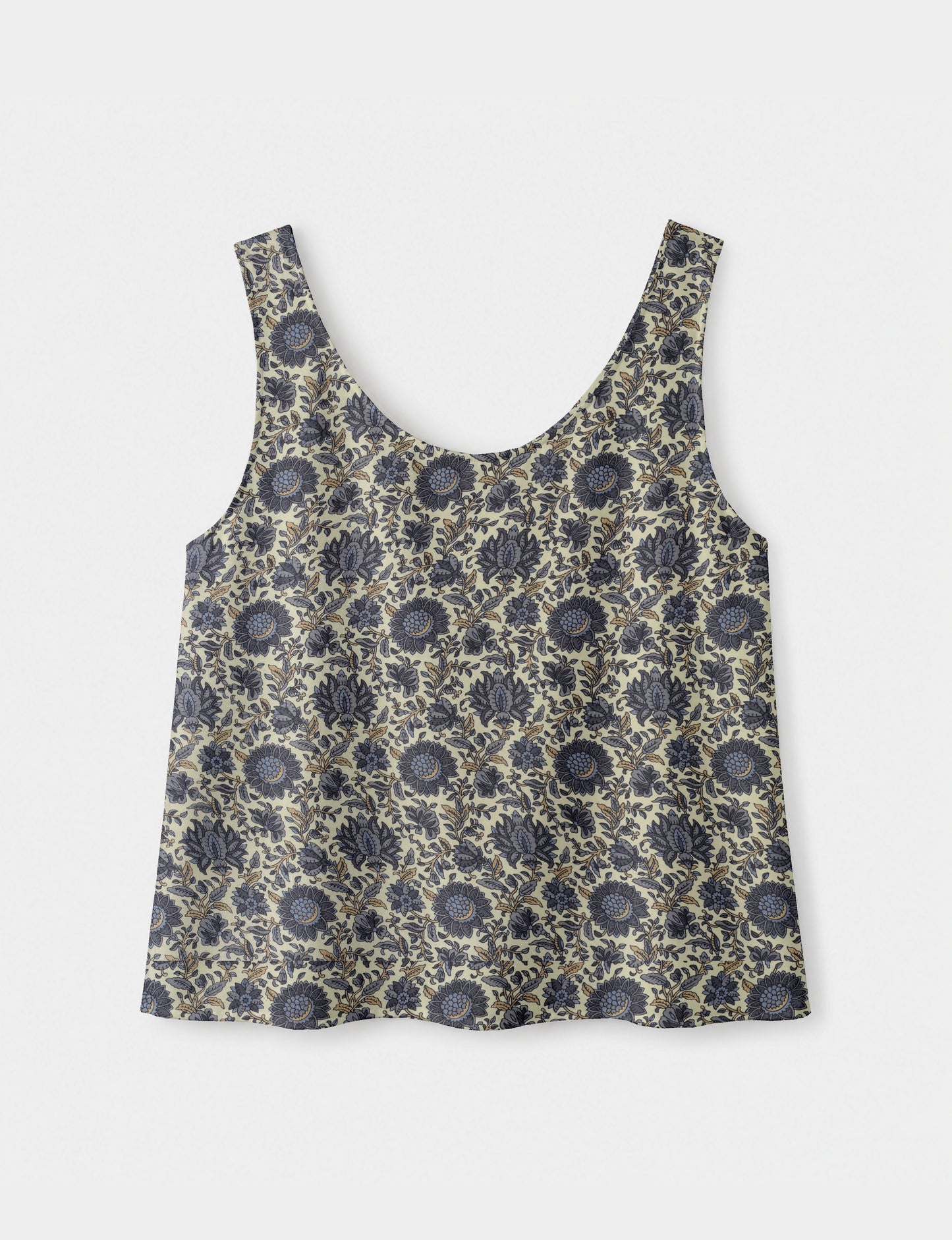 Women's sleeveless blouse with a relaxed straight fit, wide scoop neckline, deep scoop back, and hip-length silhouette.