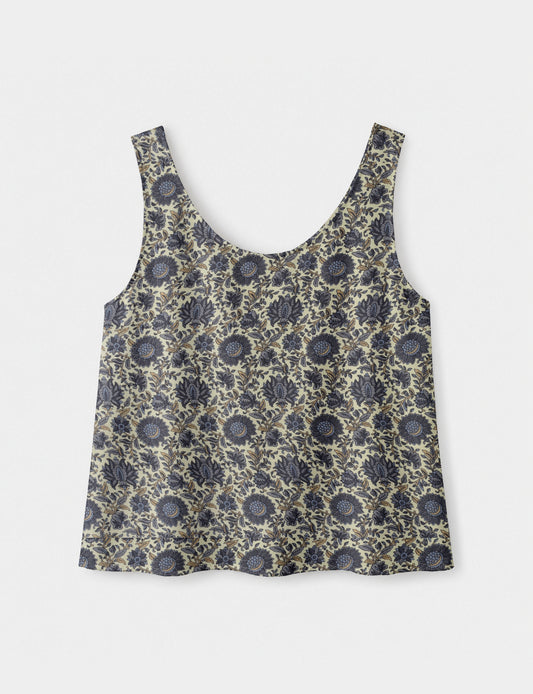 Women's sleeveless blouse with a relaxed straight fit, wide scoop neckline, deep scoop back, and hip-length silhouette.