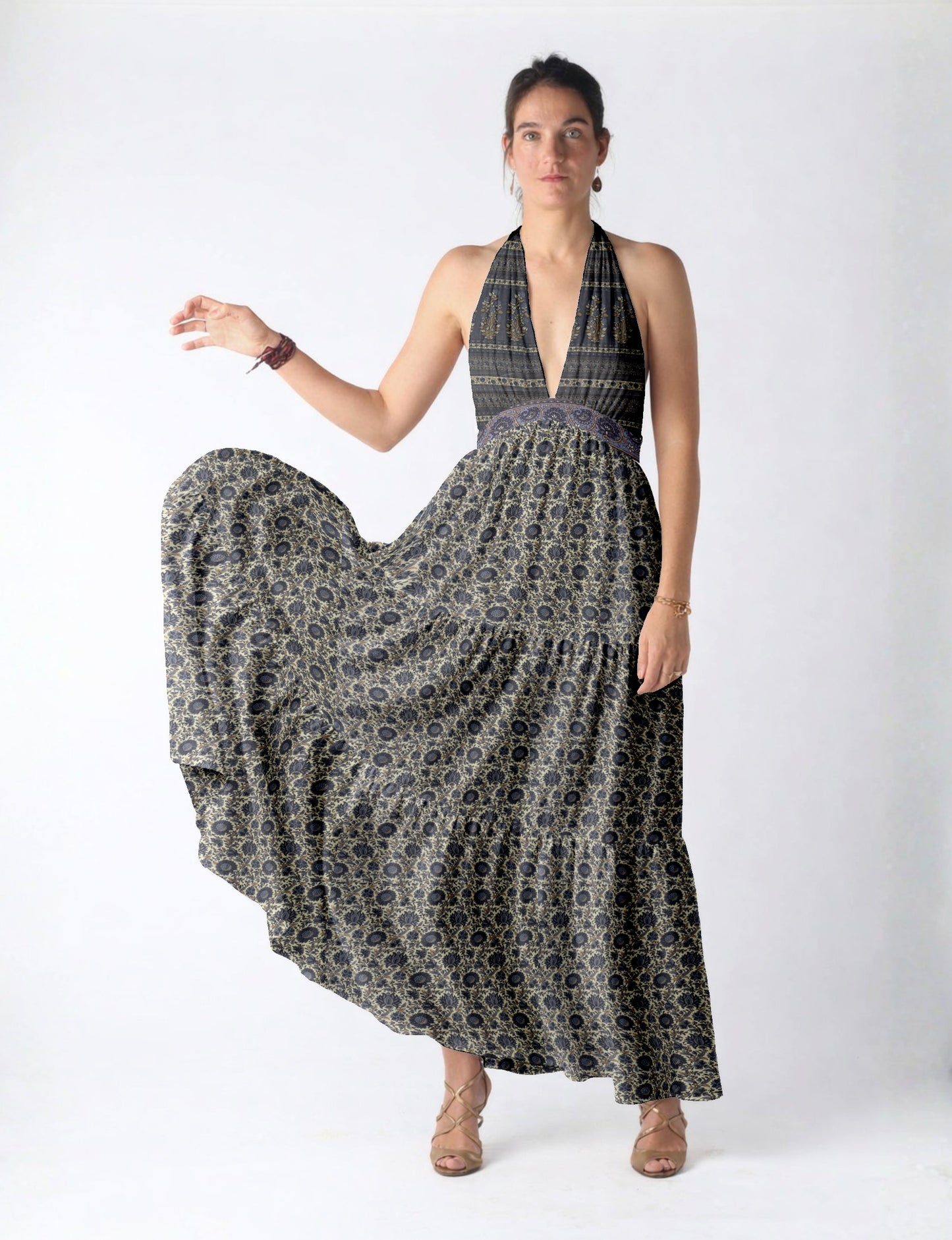 Maxi tiered dress by I was a Sari with halter neckline and flowy silhouette