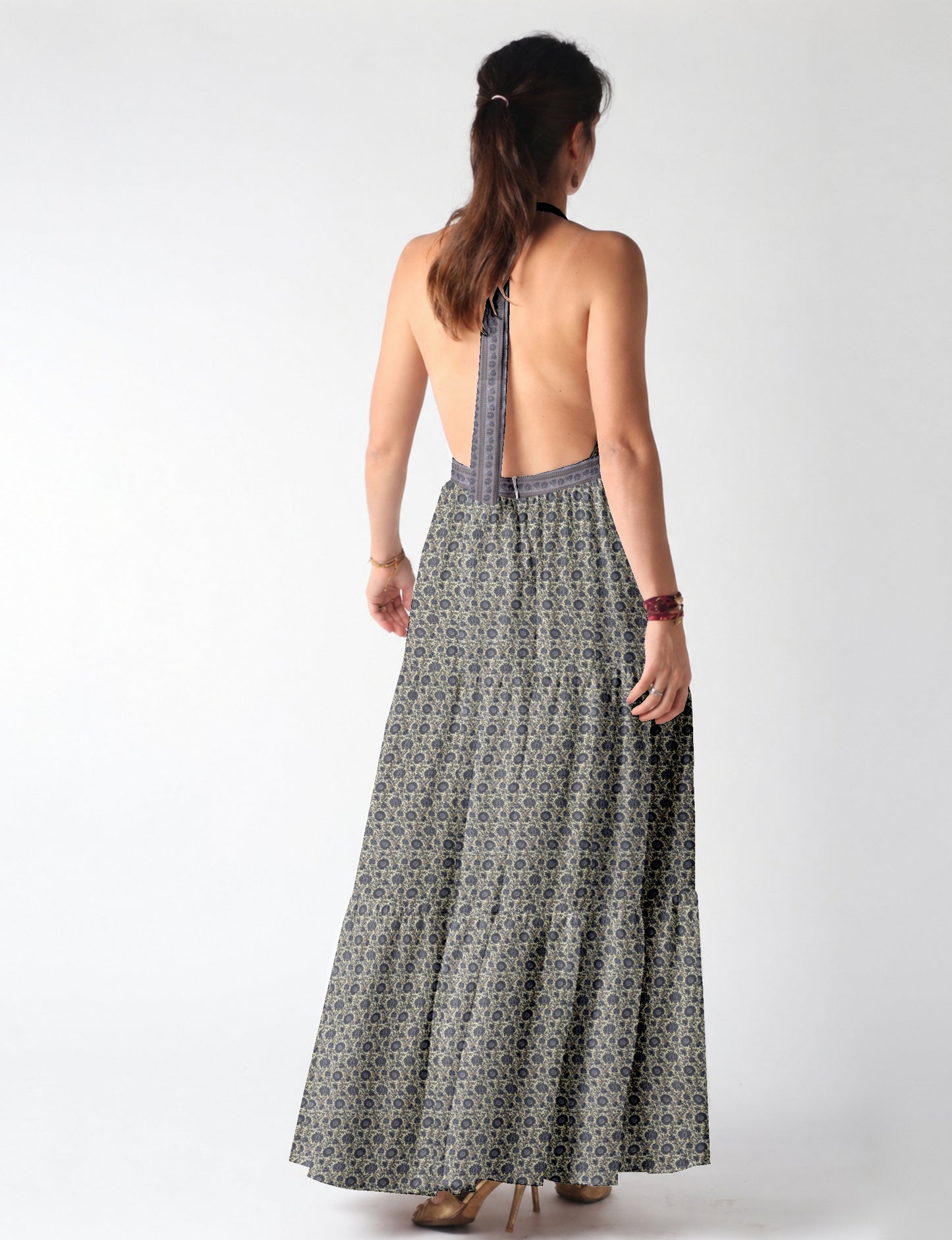Halter neck maxi dress with tiered layers and elasticated back