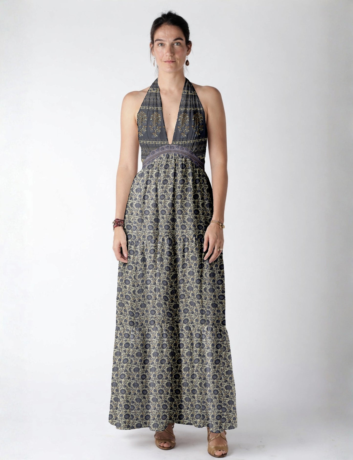 Halter neck maxi dress with tiered layers and elasticated back