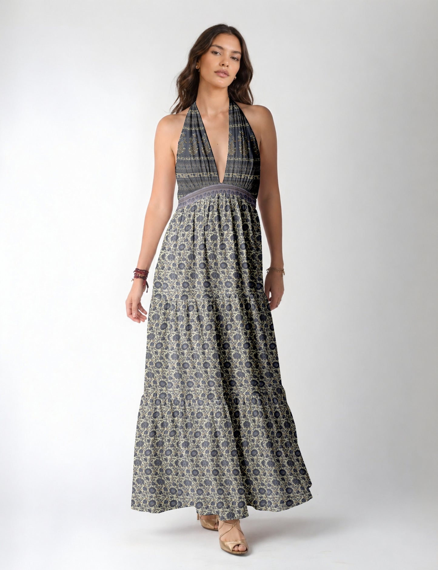 Halter neck maxi dress with tiered layers and elasticated back